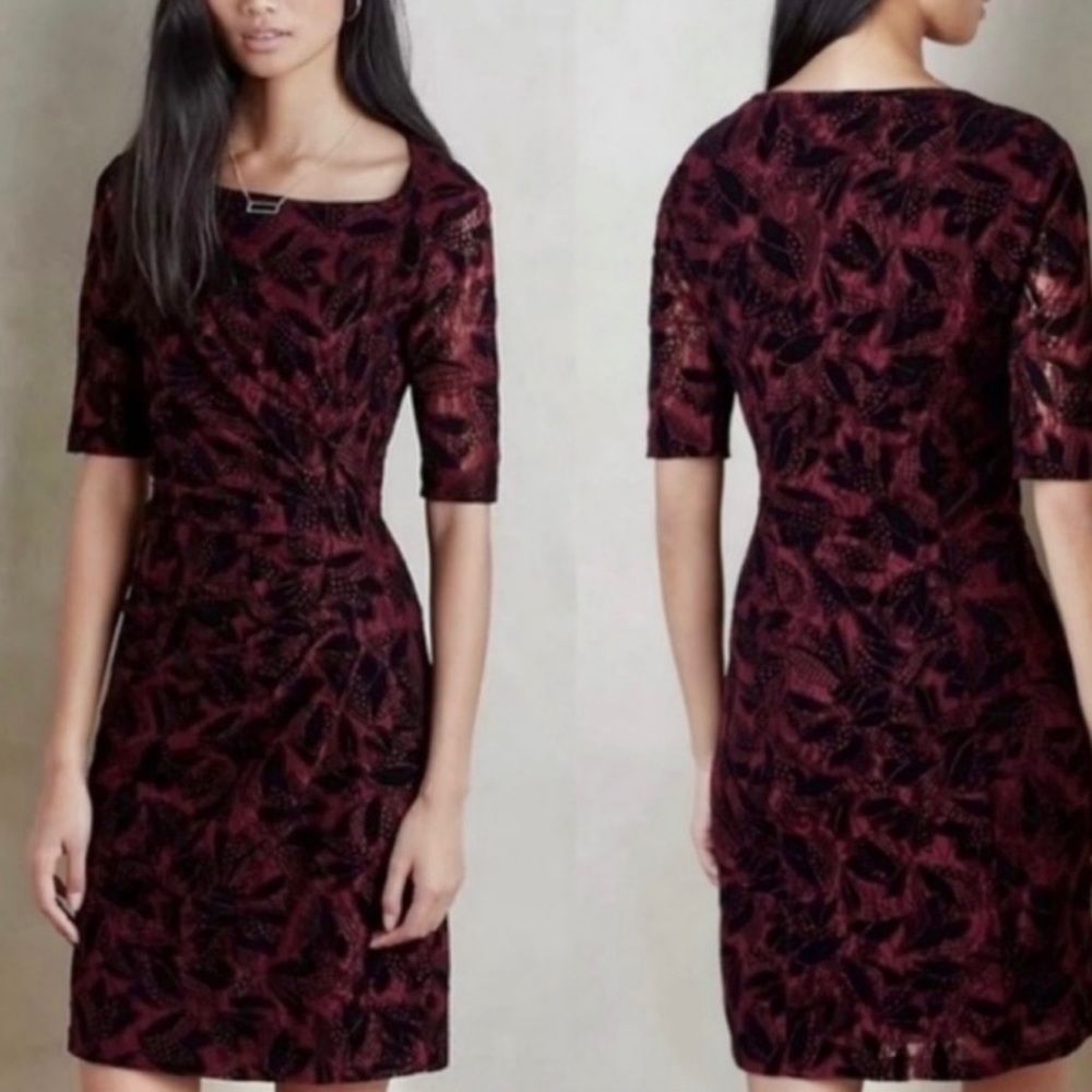 Anthropologie Maeve Elorn Burgundy & Black Lace Ruched Dress Women’s Size 4 NWOT